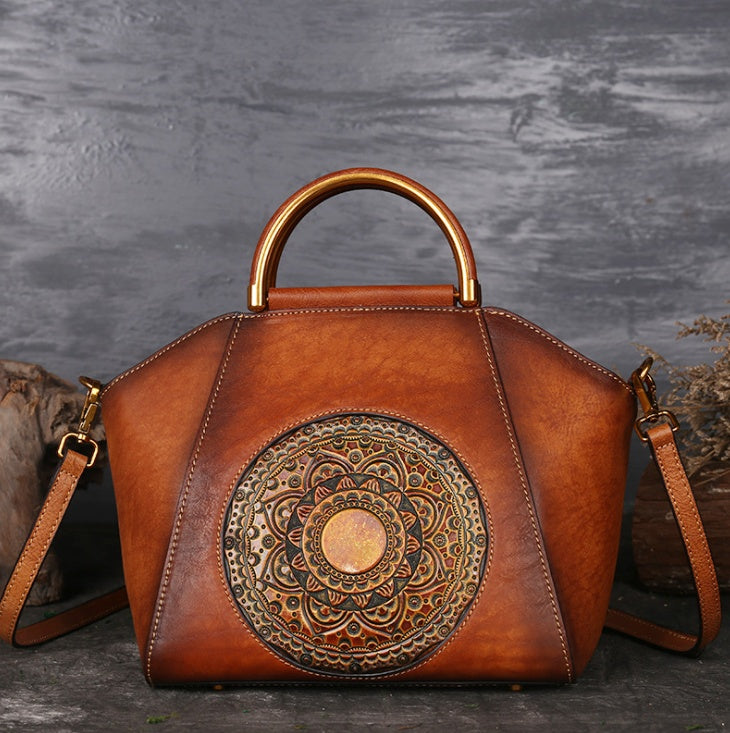 Genuine Embossed Leather Messenger Top Handle Bag Retro Handbag Totem Pattern High Quality Natural Skin Women Shoulder Tote Bags