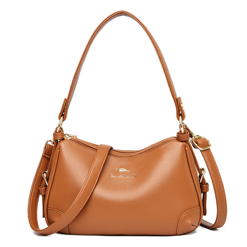 Middle-aged Women's Bags, Solid Color Bags, Ladies Fashion Soft Leather Large-capacity One-shoulder Messenger Bag